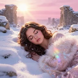 epic face portrait of Selena Gomez warmly clothed sleeping in deep snowy snow, winter princess, ancient ruins, prism sun rays through wind swept snow, pink golden hour, saturated, intricate, highly detailed, epic vista, very crispy, Ralph Horsley, Daniel F. Gerhartz, Artgerm, Boris Villajo, Lilia Alvarado