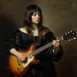 Anna Calvi playing electric guitar, oil painting by Caravaggio, masterpiece