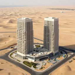 parametric structure, residential complex with 2 towers, in the desert beside the gulf, view from above, design by peter zumthor, dezeen, architectural photography