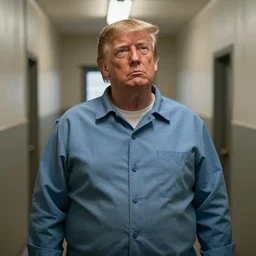 a photographic still of donald trump in prisonner uniform looking into the distance, fat + filthy and humid prison, natural prison light, by terry richardson