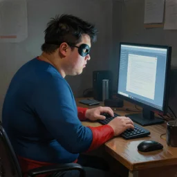 an insanely detailed painting of a chubby asian man wearing a superhero costume and mask, sitting at a desk, staring at the nervously at the computer and typing, in the style of peter mohrbacher, dramatic lighting and composition, octane render, trending on artstation, concept art, comic book, view from back