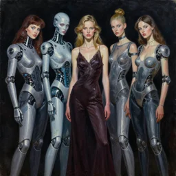 hyperrealism oil painting, group portrait, fashion model and melting cyborg, complete darkness, in style of classicism mixed with 8 0 s sci - fi hyperrealism