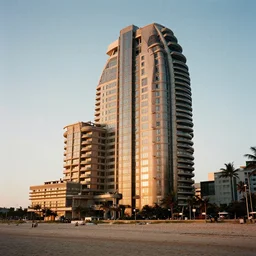 8 k film still exif, hyperdetailed luxurious brutalist building on a beach, golden hour.