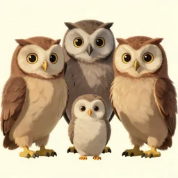 3 d octane render of a family of owlets. the owls have really detailed, fluffy feathers. wes anderson colours, studio ghibli shapes