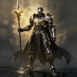 dark knight in light armor wielding a magical lance, full body heroic pose. dark water, magicpunk pearl armor, futuristic fantasy, highly detailed, digital painting, trending on art station, concept art, sharp focus, edge light on armor, golden hour, rembrandt, illustration, art by artgerm and nixeu and greg rutkowski and magali villeneuve.