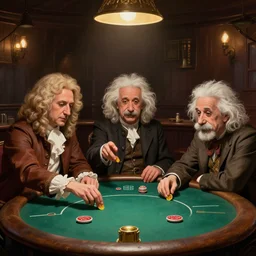 isaac newton and stephen hawkins and albert einstein playing poker in an old west saloon, intricate, highly detailed, centered, digital painting, artstation, concept art, smooth, illustration, art by james gurney and norman rockwell and greg rutkowski