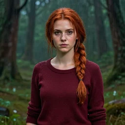 an insanely detailed realistic depiction of beautiful jodi from stardew valley standing in the rainy forest wearing burgundy sweater, auburn hair, pretty brown eyes, french braid, in the style of peter mohrbacher, artgerm, dramatic lighting and composition, octane render, trending on artstation, concept art 8 k