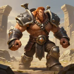 veteran warrior, giga chad in armour, d & d barbarian, conan the barbarian, powerful male character from warcraft, character portrait, new hearthstone addon, trading card game art, perfectly shaded, extremely detailed, matte, artstation, volumetric lighting, 4 k, deep focus, dynamic scene, fighting, sharp focus, deserted landscape, ancient stone ruins, art by frank frazetta and