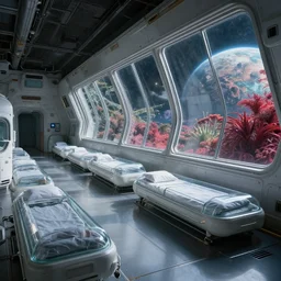 epic professional digital art of interior scene of large white cargo bay in a darkened spaceship, with upright glass sleeping pods lining wall and huge glass windows with a lush alien planet with red vegetation outside the windows, 4 k, cinematic, detailed, best artstation, cgsociety, epic, stunning, gorgeous, wow wow detail