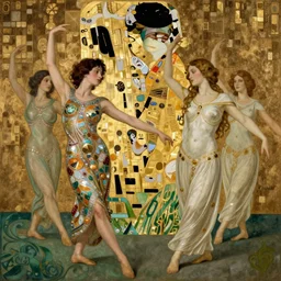 realistic detailed dramatic symmetrical portrait of Adam and Eva as Salome dancing, wearing an elaborate jeweled gown, by Alphonse Mucha and Gustav Klimt, gilded details, intricate spirals, coiled realistic serpents, Neo-Gothic, gothic, Art Nouveau, ornate medieval religious icon, long dark flowing hair spreading around her
