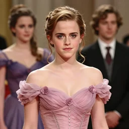 emma watson at hogwarts!! at the yule ball wearing elegant pink and purple dress. beautiful detailed face. by artgerm and greg rutkowski and alphonse mucha
