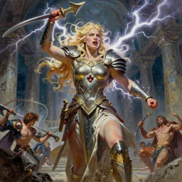 A mixed media painting of the beautiful blonde goddess of war infused with lightning, very aesthetic, curves, detailed face, elven armor, by Frank Frazetta, Greg Rutkowski, Boris Vallejo, Beeple, Yoko Taro, Christian MacNevin, epic fantasy character art, goddess of anger, viking runes, high fantasy, CGsociety, full length, exquisite detail, post-processing, low angle, masterpiece, cinematic, odin's stone arena background