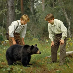 two Chippewa boys stalk a small black bear in the forest painted by John Mix Stanley