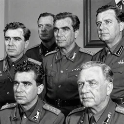 50s movie still of very diverse soviet generals with very detailed faces, by Alexei Guerman , Cinestill 800t 35mm black and white, heavy grainy picture, very detailed, high quality, 4k, HD criterion, precise texture