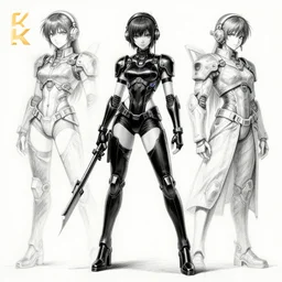 original anime character design black and white pencil and ink. sci - fi weapon. black tape project show attractive showgirl in armour!! full body with future head set!! sharp edge. ultra clear detailed. contour light effect!! 8 k. stage light. octane render. by artgerm, cushart krenz, greg rutkowski and alphonse mucha.