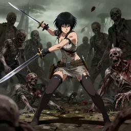 full - body action shot of a well - armed female with tattered, blood - soaked clothing, using a sword to fight a horde of the walking dead, in the style of a highly - detailed anime characters