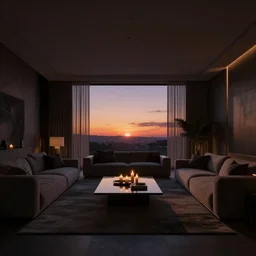 a very dark dreamy sunset modern luxury maximalist living room, candlelight, sunset glow, dark shadows, octane render, volumetric lighting, raytracing, symmetrical wide shot low angle