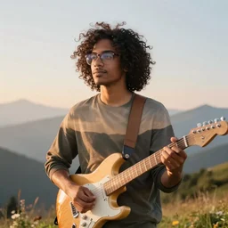 double exposure young black man with long curly hair, detailed curls, wearing glasses, mountain meadow sunrise, electric guitar