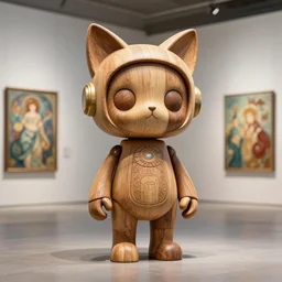 3 d octane render ultra 8 k photorealistic hyper detailed unreal engine a, vhs, futurepunk, concept art, trending on cgsociety, artwork masterpiece, in a contemporary art gallery, lossless quality, wooden sculpture statue on feet art toys, a very cute mystical robot of the bohemian with cats ears, by alphonse mucha