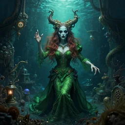 in the style of joshua middleton, beautiful alison brie magician, black magic spells, full body green dress, creepy pose, bioshock, spooky, symmetrical face symmetrical eyes, three point lighting, detailed realistic eyes, aquapunk, insanely detailed and intricate elegant, artgerm, underwater home
