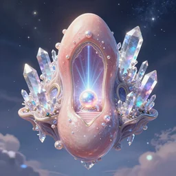 a delicate mtg illustration by charles vess of a huge vulva!!! - shaped sacred temple of smooth organic feminine architecture, floating in the astral plane and constructed of house - sized crystals, with the raised bulb of the vestibule revealing a glittering iridescent pearl emitting beams of laser