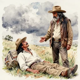 carlos castaneda and don juan standing over him. watercolor with pancil by hugo pratt.