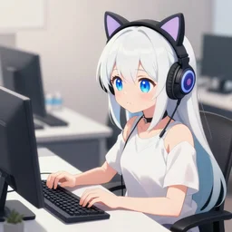 anime girl with white hair and blue eyes, wearing cat ear headphones, sitting at desk at keyboard, programming, cute, pixiv, anime
