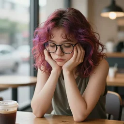 a sad girl with freckles glasses and wild colorful hair alone at a cafe | | fine detail!! anime!! realistic shaded lighting!!, directional lighting 2 d poster by ilya kuvshinov, magali villeneuve, artgerm, jeremy lipkin and michael garmash and rob rey