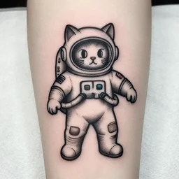 stick and poke tattoo of a cat astronaut, detailed, line work, black and white