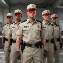 ( ( beige ) ) uniform and caps zombie ranger officers ( group ) ( background brutalist gray concrete office ) trending on artstation high detail digital painting 4 k 8 k hd accurate glow red
