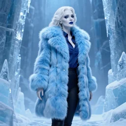 Full body Portrait of a female cryomancer, pale white skin, dark blue eyes, gorgeous lady, sky-blue thick fur coat, navy shirt, black leggins, beautiful sculptured face, dark blue lipstick, kissing smile, pillars of ice background, derriere, extremely detailed, by frank franzzeta, WLOP, Genzoman and gary gygax, trending on artstation, artstationHD, artstationHQ, deviantart, 16K, HD, matte painting, vibrant colors