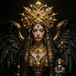 a dark portrait render of a fallen angel,veiled, symmetry,dramatic headdress with intricate fractals of star,tassels,by Daveed Benito and Lawrence Alma-Tadema and Nekro and Enchanted doll and aaron horkey and peter gric,trending on pinterest,hyperreal,jewelry,gold,intricate,maximalist,golden ratio,cinematic lighting