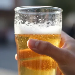 closeup photo of a hand holding a glass of beer, sunshine, tightly framed, ant perspective, brilliant colors, droplets, ultra sharp, refractions, macro photo, bokeh