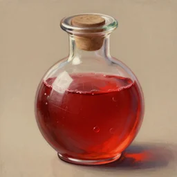 a beautiful painting illustration of a health potion with red liquid inside vial, scratched surface, bubbles, crimson, by greg rutkowski, featured on artstation, rpg item