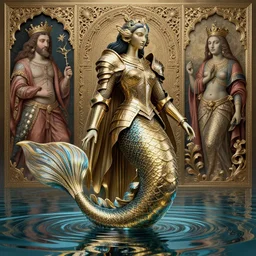 mermaid in armor, by akihito yoshida, artstation, by asaf hanuka, by diego rivera, by hieronymus bosch, octane render, by wlop, refractive, ray tracing reflections, diffraction grading, insanely detailed and intricate, hypermaximalist, elegant, ornate, 8 k, hyper realistic, super detailed, head above water