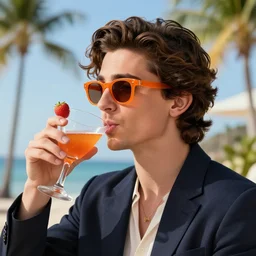 Timothee Chalamet drinking 🍸, portait photo, profile picture, hyperrealistic, concept art, orange sunglasses, tropical background, sunny, octane render, unreal engine 5, digital art, high quality, highly detailed, 8K, cute, defined face, elegant clothes, trending on DeviantArt
