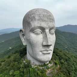 gigantic weird concrete head bust in a mountain, surrounded by vegetation, perspective shot from the sky, realistic, by origiful, 4 k