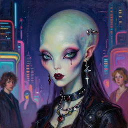 close up portrait of a punk goth alien martian girl in a futuristic fluorescent retrowave city at night by david lachapelle, oil painting by canaletto hieronymus bosh leonardo da vinci piero della francesca botticelli