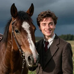 photo of Daniel Radcliffe looking suspiciously happy with a horse,