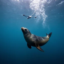 a california sea lion swimming underwater chasing after an underwater tethered drone, ethereal, atmospheric
