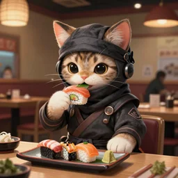 a portrait of an anthropomorphic cat ninja eating sushi, ninja outfit, standing in a restaurant, cute and adorable, dnd character art portrait, well rendered matte fantasy painting, deviantart artstation, by jason felix by steve argyle by tyler jacobson by peter mohrbacher, cinematic lighting
