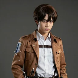 cosplay of Eren Jaeger from Attack on Titan with tattered clothes. photograph. high-quality.