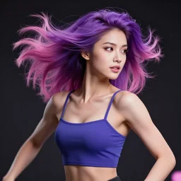 a award winning half body portrait of a beautiful woman in a coprtop with a ombre purple pink hairstyle with head in motion and hair flying, outrun, vaporware, vivid colors, highly detailed, fine detail, intricate