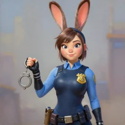 Perfect Stunning Portrait of Bunny Ears D.VA from Overwatch wearing a police uniform by Kim Jung Gi, holding handcuffs in one hand Blizzard Concept Art Studio Ghibli. oil paint. 4k. by brom, Pixiv cute anime girl wearing police gear by Ross Tran, Greg Rutkowski, Mark Arian, soft render, octane, highly detailed painting, artstation