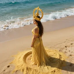 clothed goddess turned his back standing on beach made of golden powder, beautiful waves in sea, wearing a highly detailed golden crown, ultra detailed, 8 k, artstation award winner, drone footage, by artgerm and greg rutowski, unreal engine 5