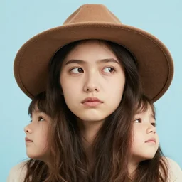 portrait of 2 5 - year - old social media profil woman oval pretty face with angle 9 0 ° centred looking away breading fresh air, strong spirit and look between serious and happy, caracter with brown hat, background soft blue