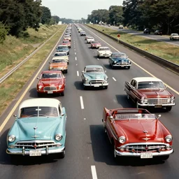 cars from the 1 9 5 0's and 1 9 6 0's, driving on a freeway, various colors and models, in style of haddon sundblom