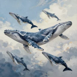 a stunning painting of whales flying in the sky, digital art, trending on artstation, high quality