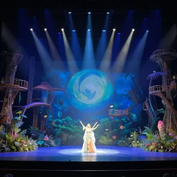 the stage design for a futuristic production of midsummer night's dream, set design, dynamic lighting