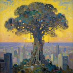 a neon robotic cyberpunk steampunk tree, retrofuturistic japanese impressionism, huge city, oil on canvas, natural colors, horizon, golden hour, masterpiece, detailed, ethereal, megalophobia, by gustave caillebotte, wlop, mucha, greg rutkowski